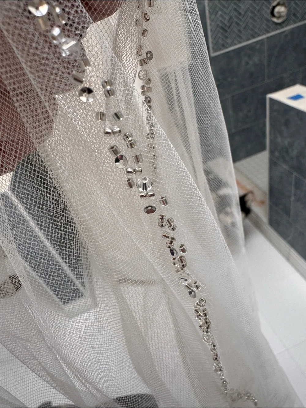 Delicate White Sheer Hair Bridal Veil with Subtle Beaded Trim